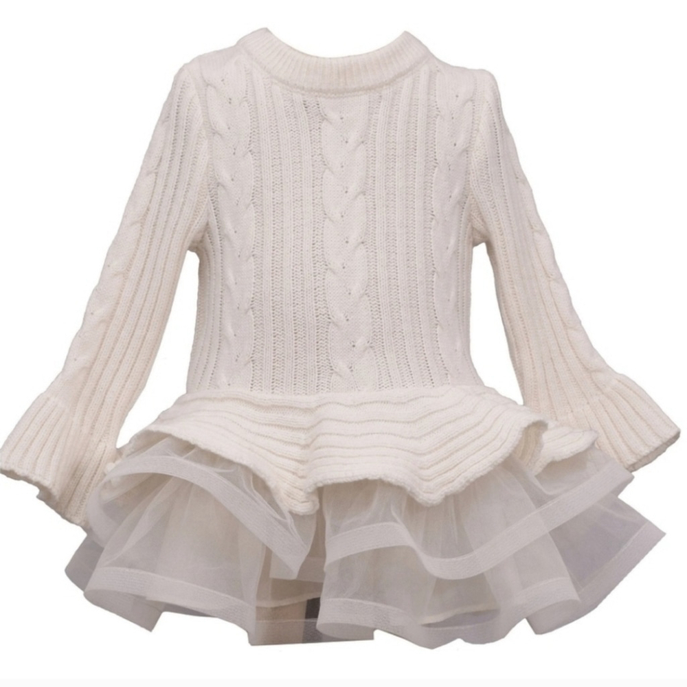 Iris & Ivy White Knit Peplum Sweater DRESS With Tulle Detail